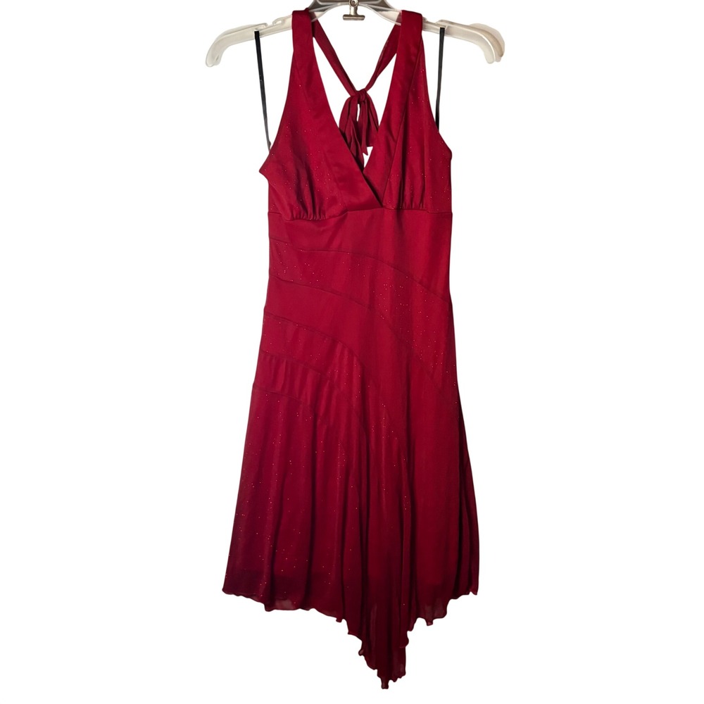BCX Y2K Party Midi Dress Womens M Red Glitter Halter Handkerchief Hem Dance Club